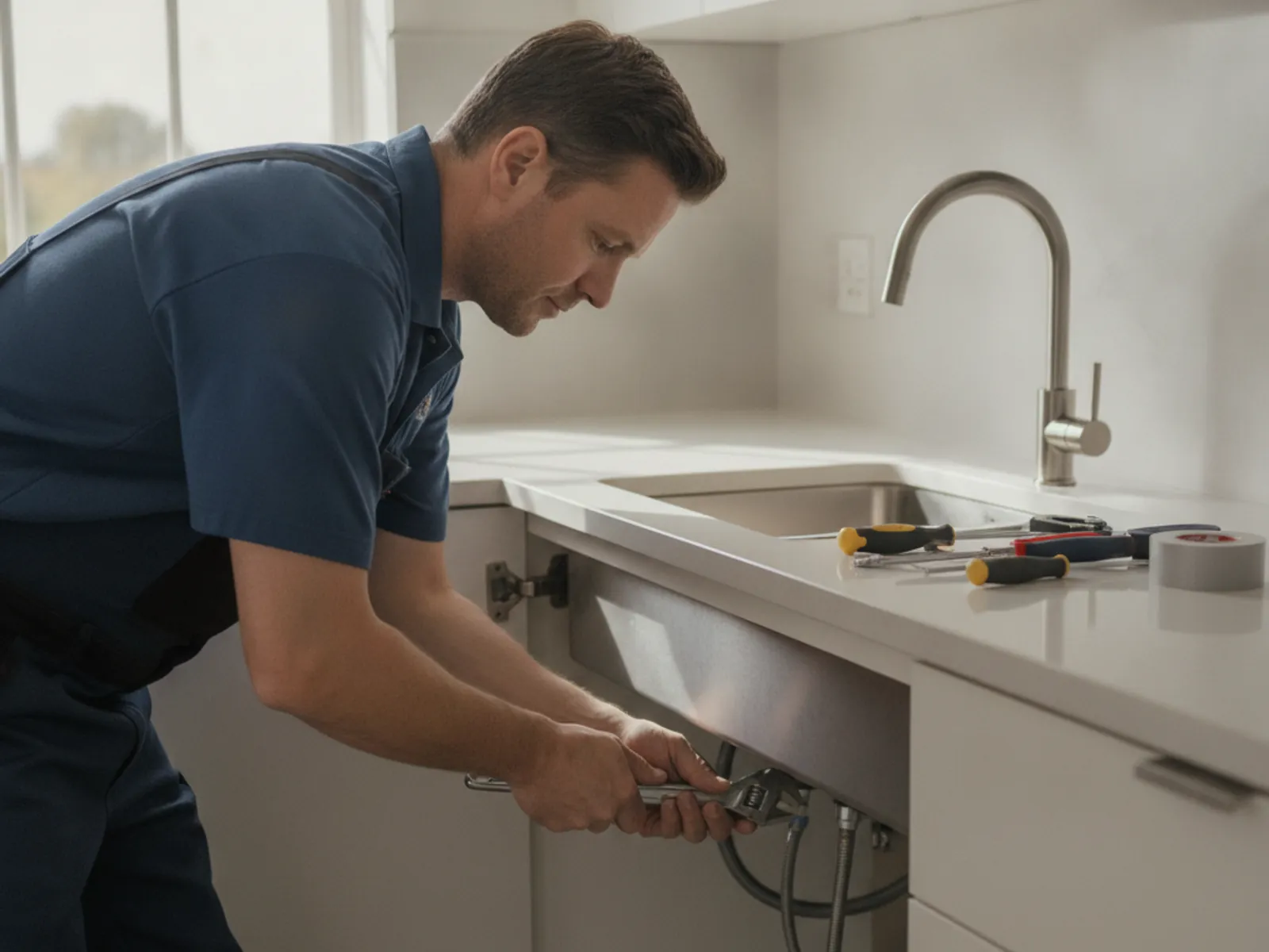 Plumber repairing a kitchen faucet fixture in El Paso, TX