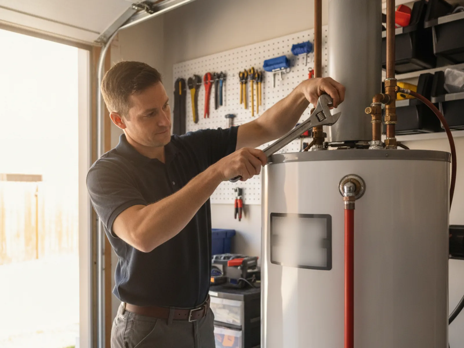 Plumber installing a residential water heater in an El Paso, TX garage