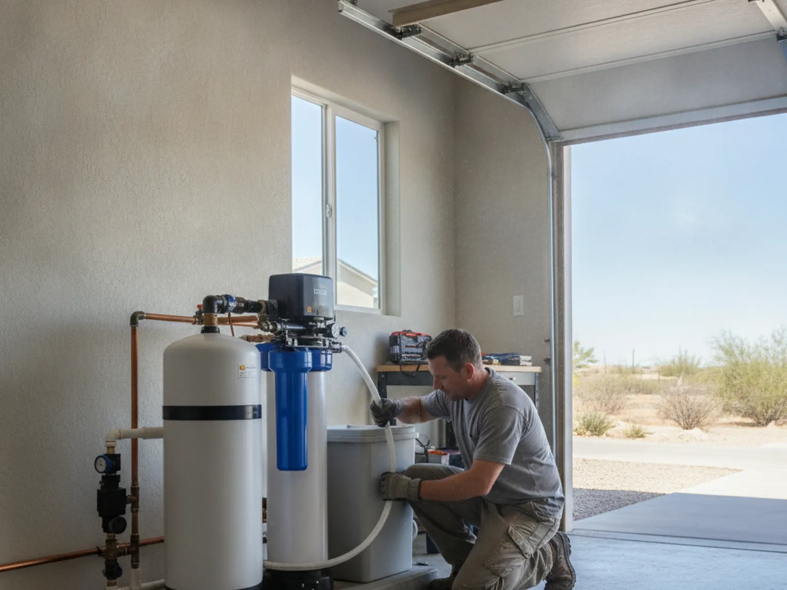 Plumber installing a whole-home water softener in El Paso, TX